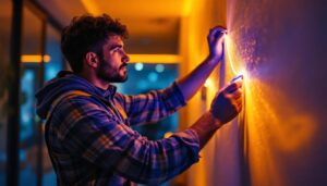 A photograph of a lighting contractor skillfully installing vibrant led tape lights in a modern interior setting