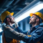 A photograph of a lighting contractor expertly installing a fluorescent lampholder in a well-lit commercial space