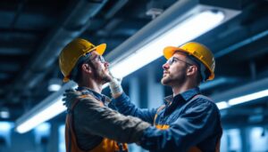 A photograph of a lighting contractor expertly installing a fluorescent lampholder in a well-lit commercial space