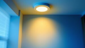 A photograph of a well-lit room featuring two recessed can lights