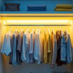 A photograph of a well-organized closet illuminated by stylish led lighting