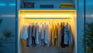 A photograph of a well-organized closet illuminated by stylish led lighting