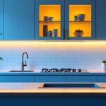 A photograph of a beautifully designed kitchen showcasing under cabinet led light strips in action
