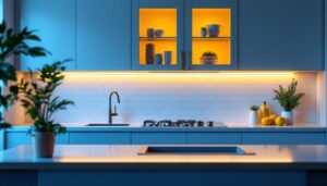 A photograph of a beautifully designed kitchen showcasing under cabinet led light strips in action