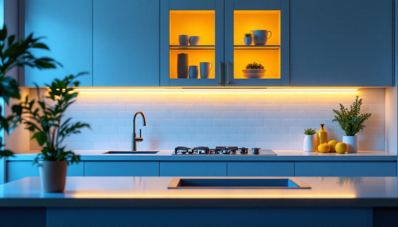 A photograph of a beautifully designed kitchen showcasing under cabinet led light strips in action