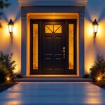 A photograph of a beautifully illuminated entrance door featuring stylish outdoor lighting fixtures