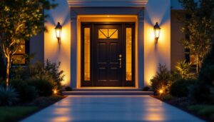 A photograph of a beautifully illuminated entrance door featuring stylish outdoor lighting fixtures