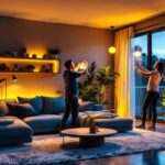 A photograph of a lighting contractor installing led pancake lights in a residential setting