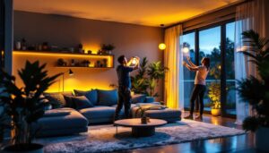 A photograph of a lighting contractor installing led pancake lights in a residential setting