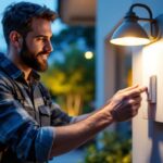 A photograph of a skilled lighting contractor installing an exterior timer switch on a stylish outdoor lighting fixture