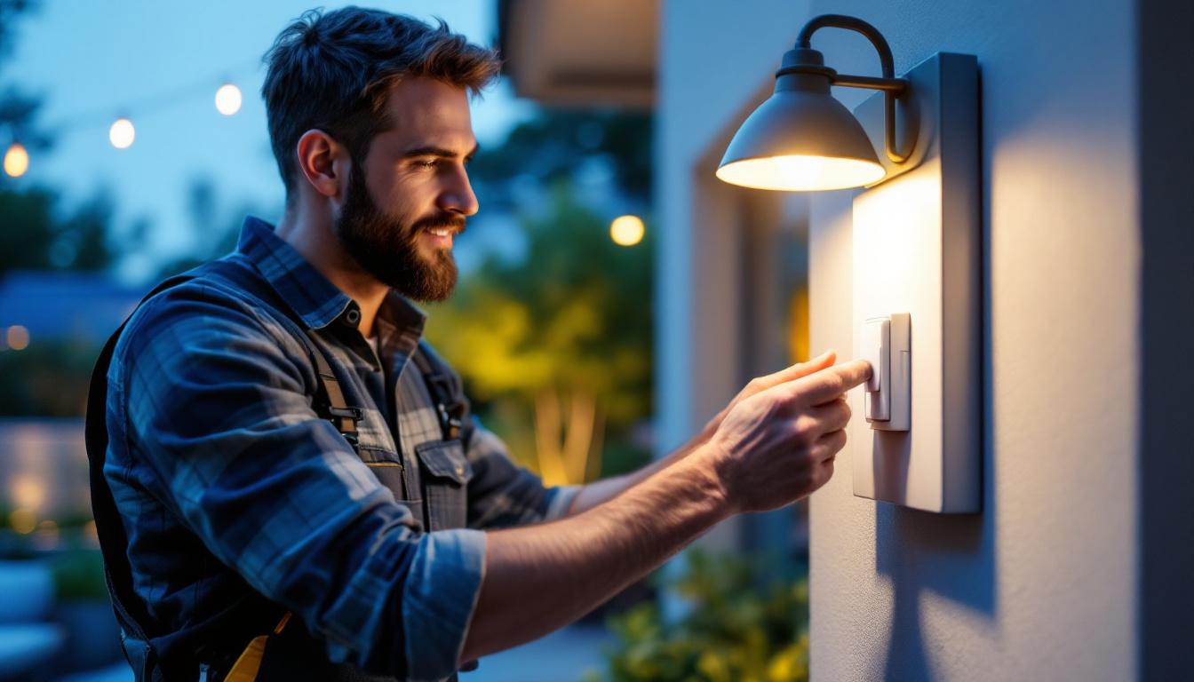 A photograph of a skilled lighting contractor installing an exterior timer switch on a stylish outdoor lighting fixture