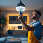 A photograph of a lighting contractor installing a sleek