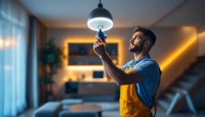 A photograph of a lighting contractor installing a sleek