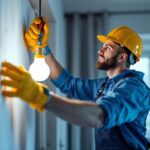 A photograph of a lighting contractor in action