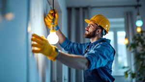 A photograph of a lighting contractor in action