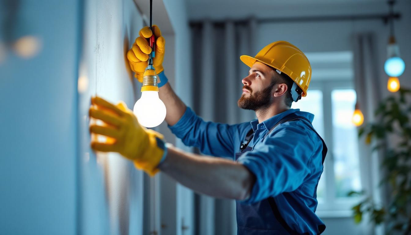 A photograph of a lighting contractor in action