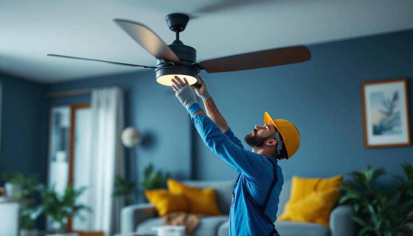 A photograph of a lighting contractor installing a paddle ceiling fan in a stylish living space
