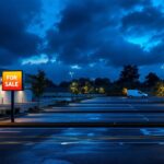 A photograph of a well-lit commercial parking lot at dusk