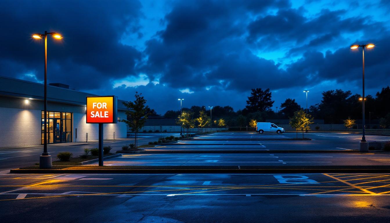 A photograph of a well-lit commercial parking lot at dusk