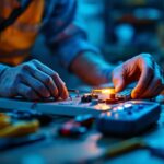 A photograph of a lighting contractor inspecting a ballast unit