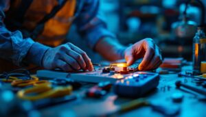 A photograph of a lighting contractor inspecting a ballast unit