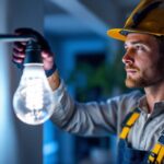 A photograph of capture a photograph of a lighting contractor installing retrofit led bulbs in a modern residential setting