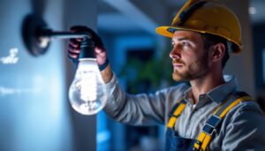 A photograph of capture a photograph of a lighting contractor installing retrofit led bulbs in a modern residential setting