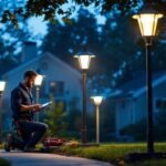 A photograph of a well-lit outdoor scene featuring a variety of light post covers installed in a residential or commercial setting