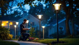 A photograph of a well-lit outdoor scene featuring a variety of light post covers installed in a residential or commercial setting