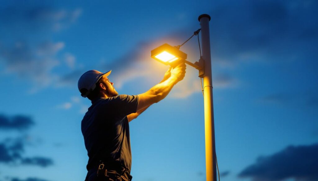 A photograph of a lighting contractor expertly installing or adjusting outdoor lighting on a flagpole at dusk