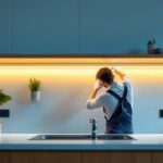 A photograph of a well-lit kitchen or workspace featuring under-shelf led lighting