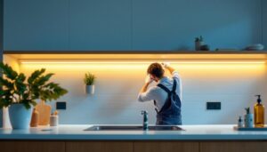 A photograph of a well-lit kitchen or workspace featuring under-shelf led lighting