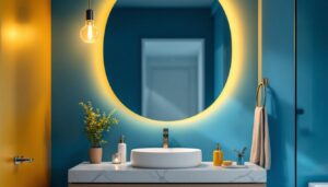 A photograph of a beautifully designed single vanity light fixture installed above a stylish bathroom sink