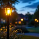 A photograph of a beautifully illuminated outdoor lamp post in a residential setting at dusk