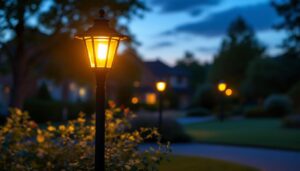 A photograph of a beautifully illuminated outdoor lamp post in a residential setting at dusk