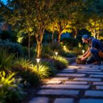 A photograph of a beautifully illuminated garden at dusk