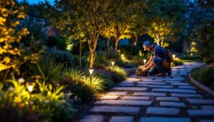 A photograph of a beautifully illuminated garden at dusk
