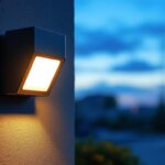 A photograph of a sleek exterior motion sensor light illuminating a pathway or entrance at dusk