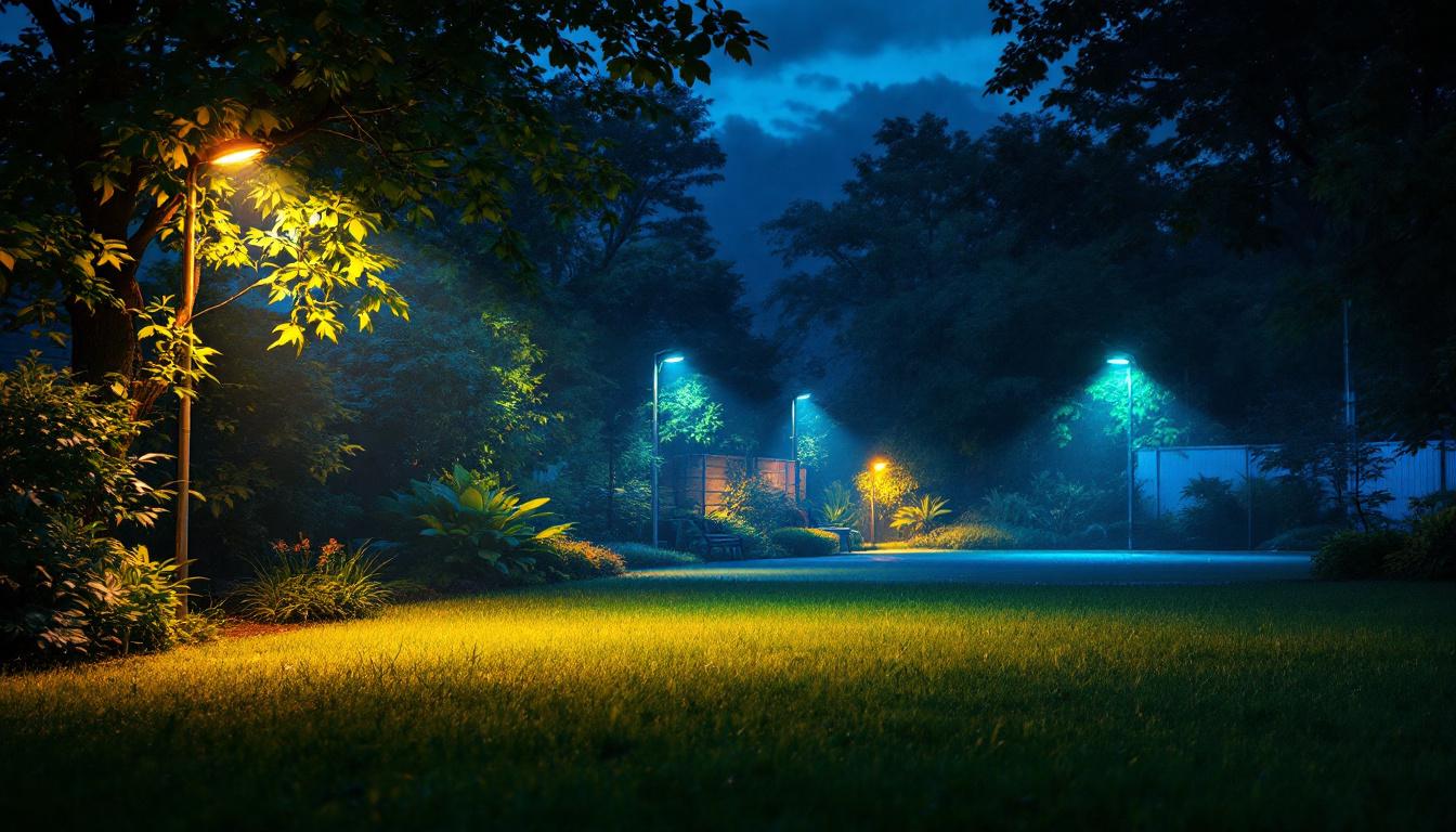 A photograph of a well-lit outdoor space showcasing led flood lights in action