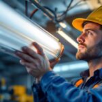 A photograph of a skilled electrician or technician carefully removing a fluorescent ballast from a lighting fixture