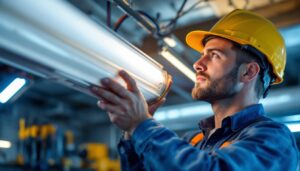 A photograph of a skilled electrician or technician carefully removing a fluorescent ballast from a lighting fixture