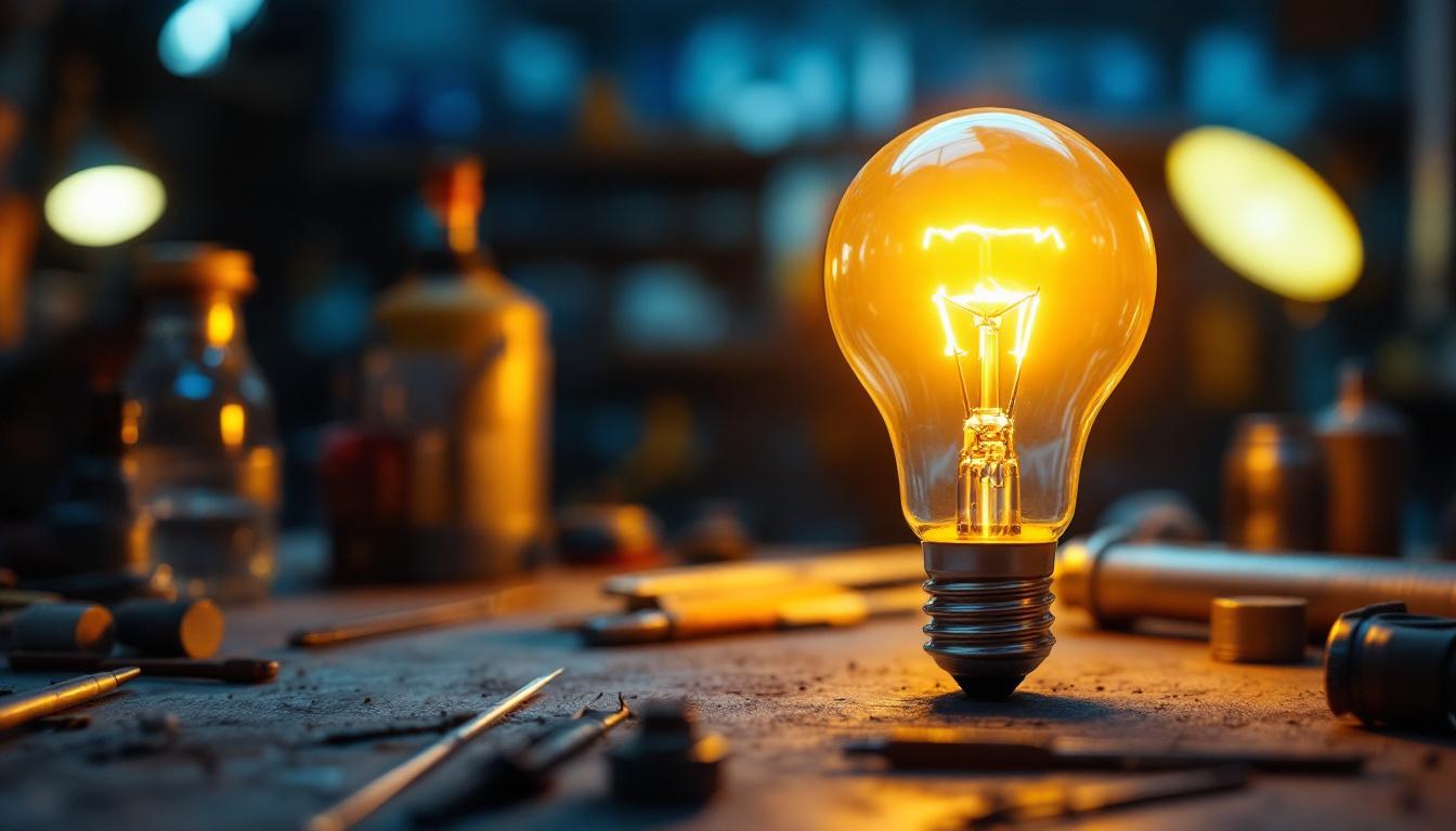 A photograph of a tanning bed bulb in a well-lit workshop setting