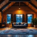 A photograph of a well-lit log cabin interior showcasing various lighting fixtures