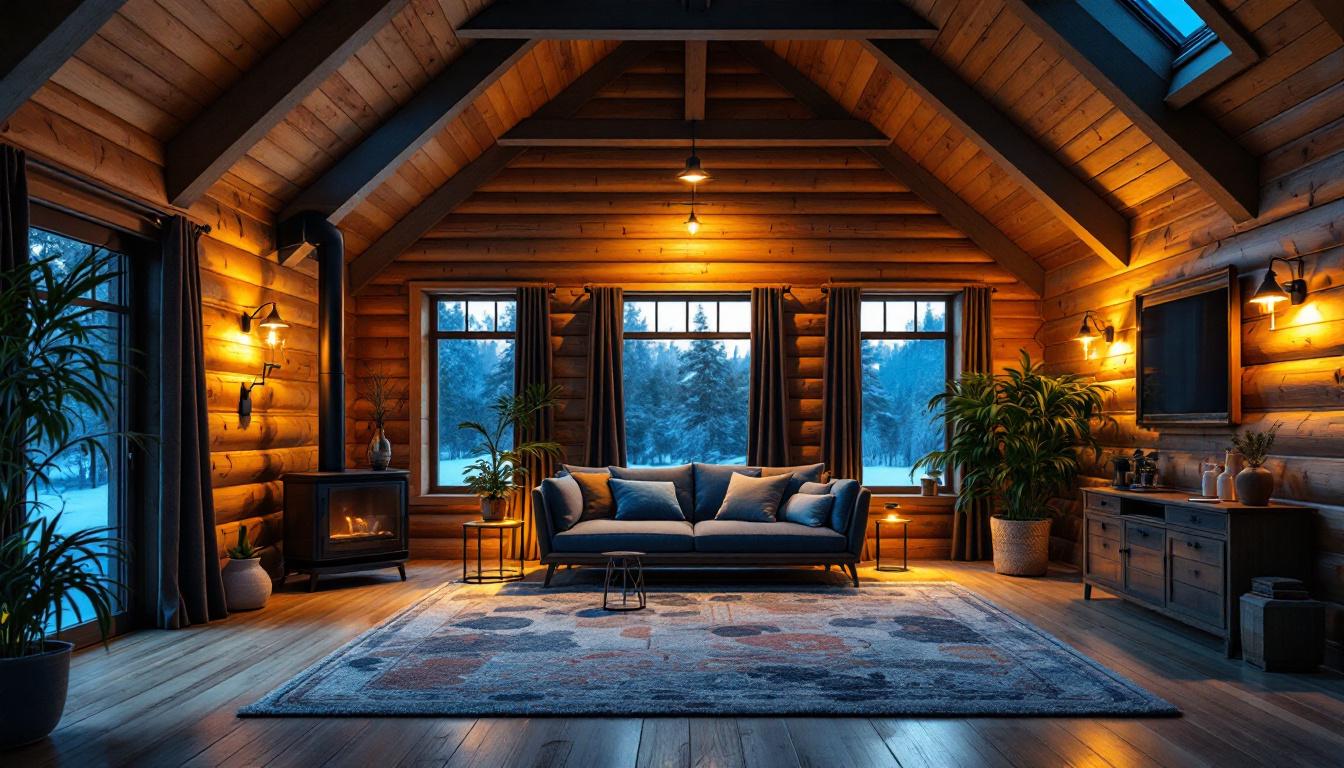 A photograph of a well-lit log cabin interior showcasing various lighting fixtures