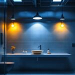 A photograph of a well-lit industrial bathroom showcasing stylish