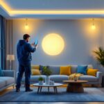 A photograph of a lighting contractor installing smart home lighting systems in a modern living space
