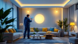 A photograph of a lighting contractor installing smart home lighting systems in a modern living space