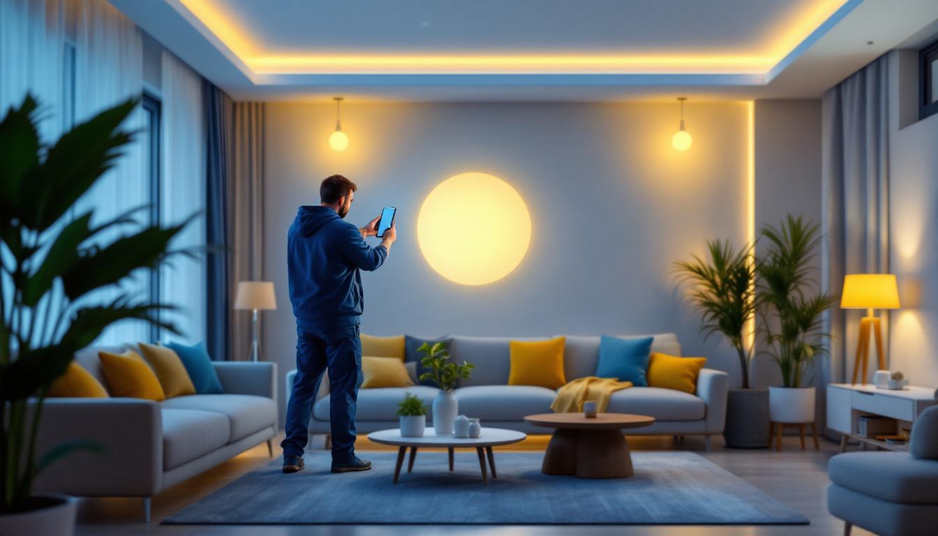 A photograph of a lighting contractor installing smart home lighting systems in a modern living space