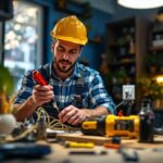 A photograph of a skilled lighting contractor demonstrating the installation of a 3-way switch in a well-lit home environment