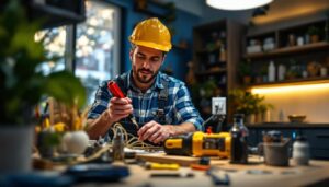 A photograph of a skilled lighting contractor demonstrating the installation of a 3-way switch in a well-lit home environment